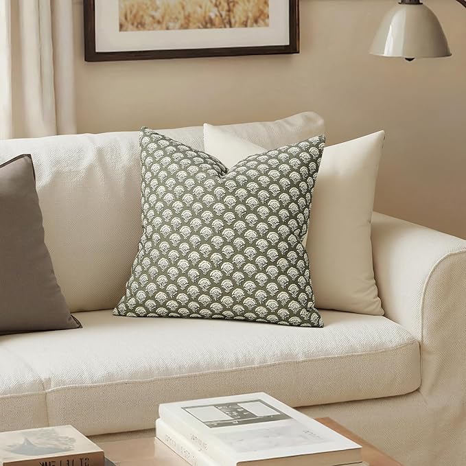 MIULEE Floral Print Decorative Pillow Covers 18x18, Sage Green | Vintage Boho Farmhouse Modern Home Decor, Set of 2, Block Print Cushion Covers for Couch Sofa Bed Living Room