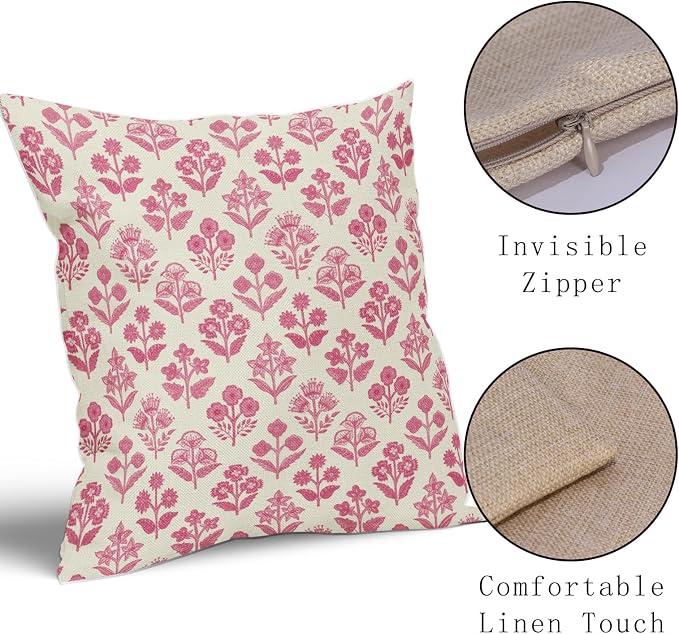 Hot Pink Floral Pillow Covers 24x24 Inch Set of 2, Vintage Flower Block Print Pattern Decorative Throw Pillowcases Outdoor Farmhouse Cushion Covers Spring Summer Rustic Sofa Couch Bed Decor