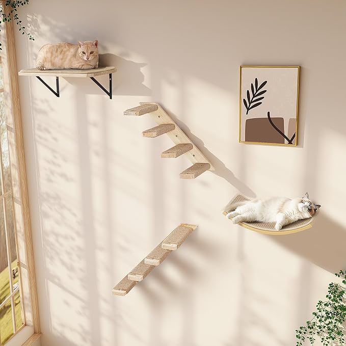 2PCS Cat Wall Shelves with Scratching Mat, 16.6x9.7 Inch Solid Pine Wood Wall Mounted Kitten Floating Shelf, Window Perch Hammock, Cats Wall Furniture for Cats Sleeping, Playing, Climbing