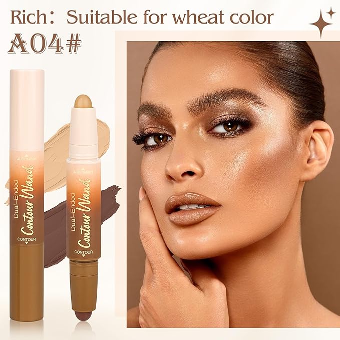 Contour Highlighter Stick，2-in-1 Dual-Ended Cream Bronzer & Highlighter Sticks Pen for Face Body Contouring Makeup- Buildable，Waterproof, Easy to Apply Suitable for Beginners，04Nude Brown+Nude