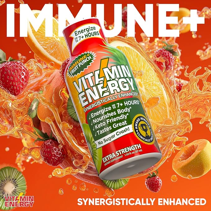 Vitamin Energy Immune+ Extra Strength Energy Shot Fruit Punch 10 Pack, 260mg Natural Caffeine, B-Vitamins, Citicoline, Green Tea, Immunity & Focus Support, Zero Sugar, Gluten-Free 1.93 fl oz