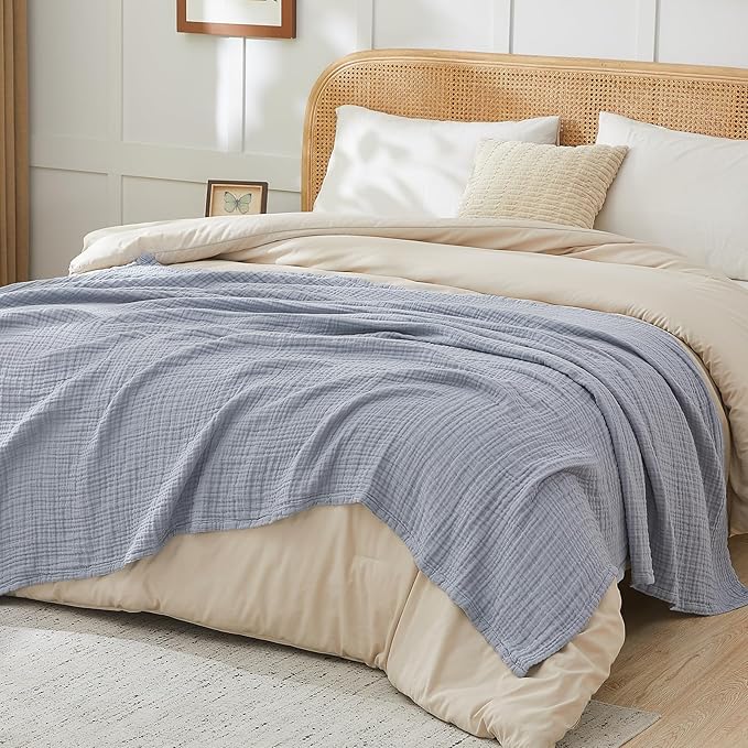 EMME Muslin Blankets for Adults Throw Blanket for Couch Breathable Gauze Soft Lightweight Airy Dusty Blue Throw 50" x 60"