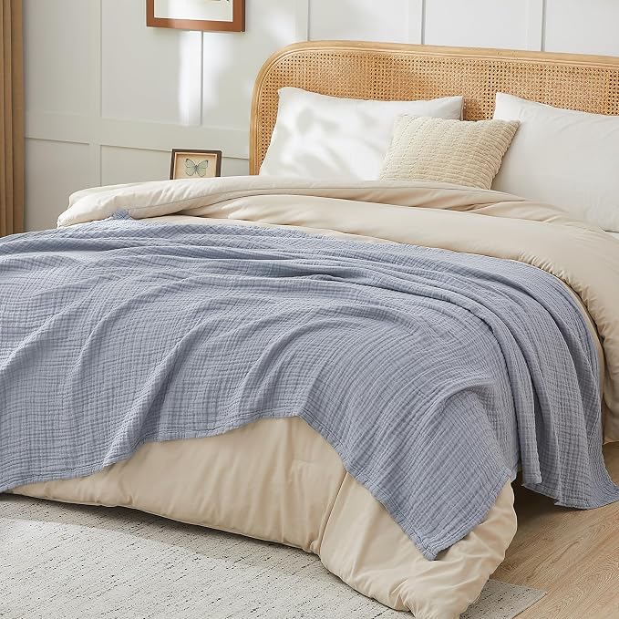 EMME Muslin Blankets for Adults Throw Blanket for Couch Breathable Gauze Soft Lightweight Airy Dusty Blue Queen 90" x 90"