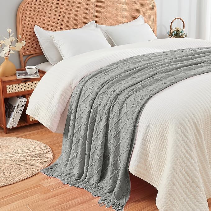 inhand Light Grey Knitted Throw Blanket for Couch and Bed, 60"x80" | Soft Cozy Knit Blanket with Tassel, Lightweight Decorative Blankets and Throws, Farmhouse Warm Woven for Men and Women