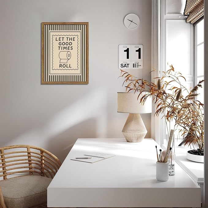 Framed Let The Good Times Roll Bathroom Print, Vintage Funny Toilet Quote Canvas Wall Art, Stripes Bathroom Picture Poster, Downstairs Toilet Painting Wall Decor 16x24 inch