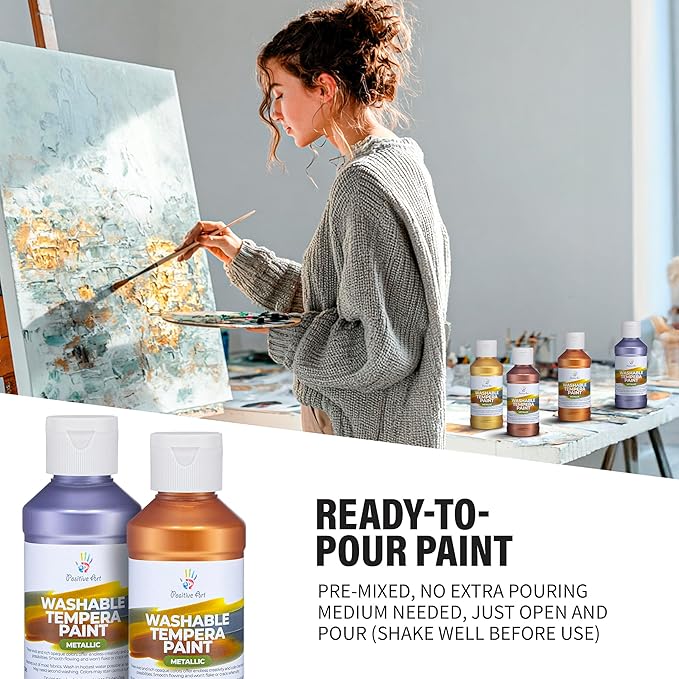 Metallic Washable Tempera Paint – 6 Shimmer Colors, 4 fl oz Bottles, Non-Toxic Kid-Safe School & Craft Paint, Easy Cleanup, Classroom Art Supplies, Made in USA