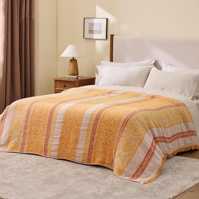 100% Cotton Boho Throw Blanket for Home Decor – Classic Farmhouse Quilt Bedding, Muslin Blankets for Adults, Vintage Woven Decorative Blanket for Couch, Bed Layering Use, Bohemian Stripe, 50"x60"