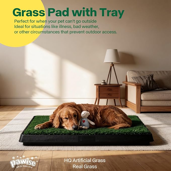 Pawise Dog Grass Pad with Tray, Artificial Turf PuppyPorch Potty Pad,20x25 | Indoor outdoor potty training, includes free garbage bags, 20x25 inches