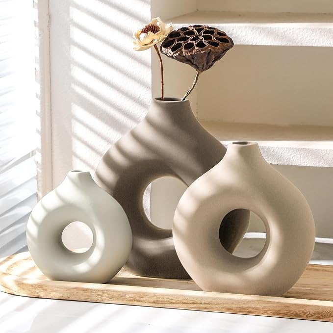 Vanselia Ceramic Vase Home Table Decor - Flower Vases Set of 3 Small Living Room Centerpiece Decorations for Shelf Bedroom Office Kitchen Dining Desk Modern Aesthetic Farmhouse Decorative (Farmhouse)