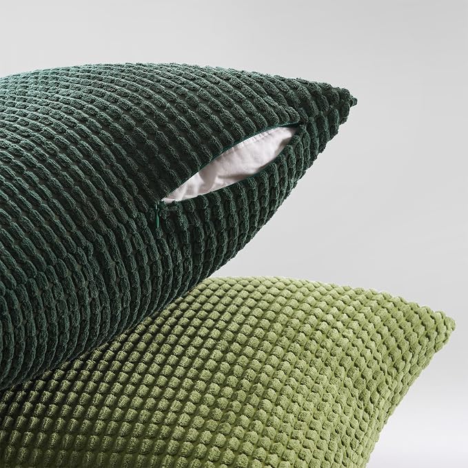 Topfinel Fall Pillow Covers Set of 4 Soft Corduroy Boho Strip Textured Green Pillow Covers Modern Farmhouse Cute Autumn Home Decor Green Living Room Sofa Couch Bed 55x55 cm