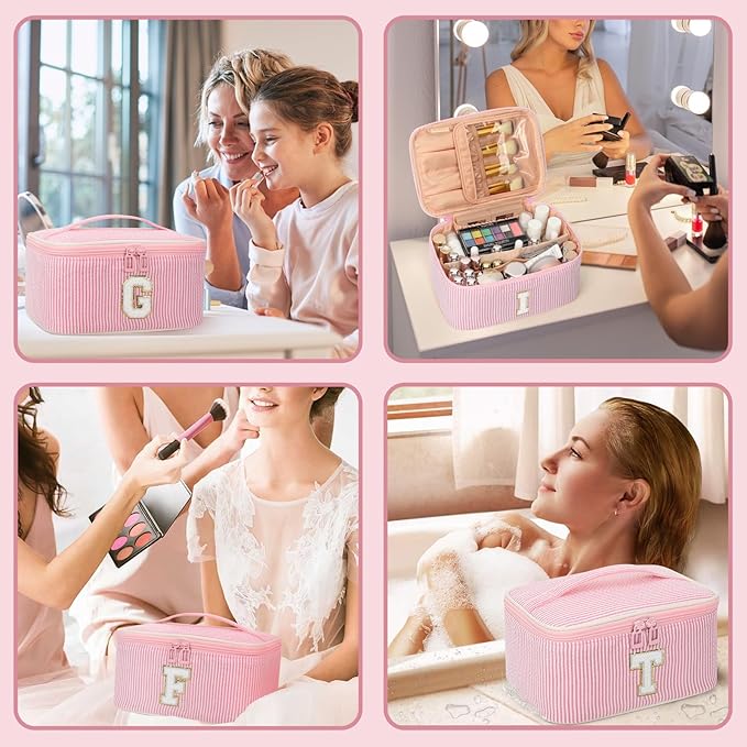 OCHEAL Makeup Bag Valentines Day Gifts for Women, Monogram Cosmetic Bag Pink Travel Makeup Case Beauty Toiletry Bag Organizer Personalized Gifts for Girls Bridesmaid, Sister, Wife, Friends Initial I