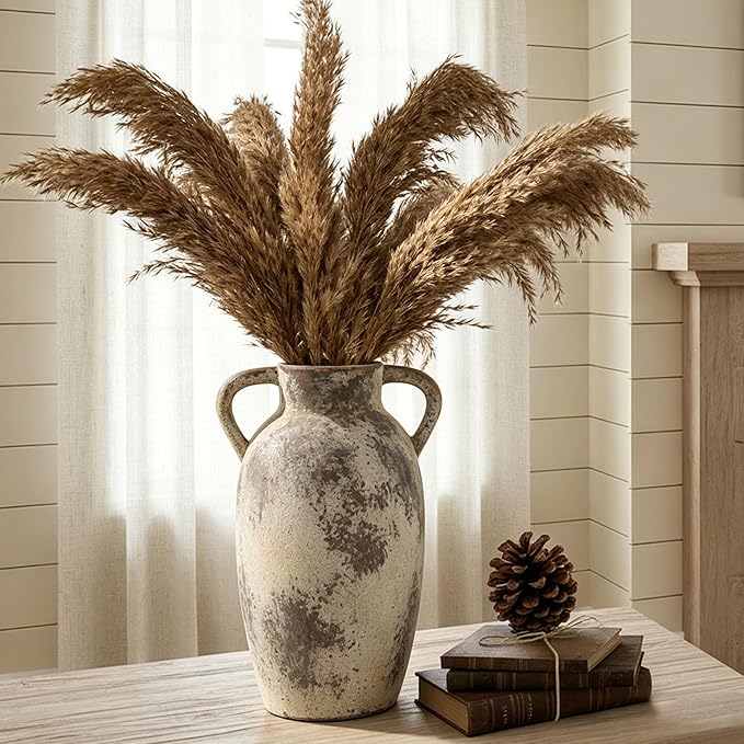 PORCER 9.84 Inch Ceramic Vase with Handles, Tuscan Decor Antique Terracotta Vase, Rustic Decorative Flower Vase for Home Decor, Farmhouse, Living Room, Table, Bedroom, Office, Entrance- Gray