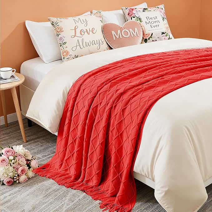 inhand Red Knitted Throw Blanket for Couch and Bed, 60"x80" | Gifts for Mom from Daughter Son, Soft Lightweight with Tassels, Farmhouse Warm Decorative Blanket for Women, Cozy Knit