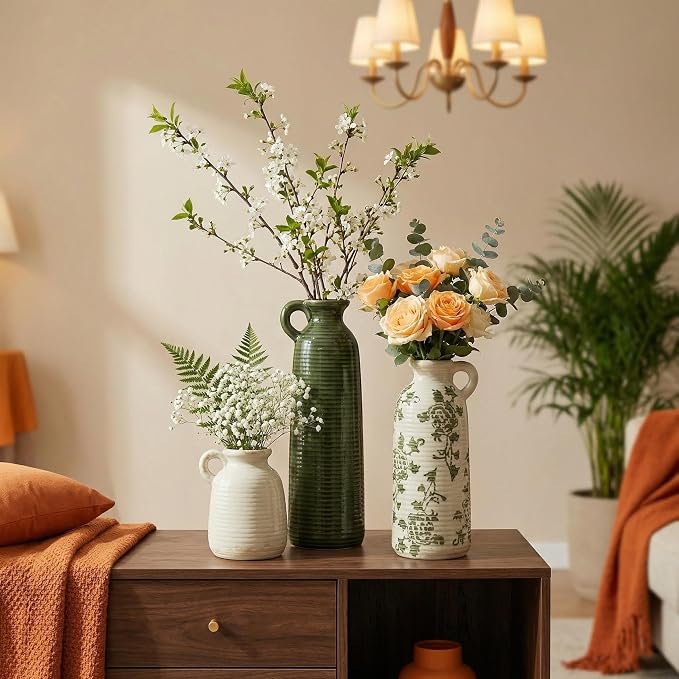 Ceramic Vase Set of 3 with Handles, Green White Neutral Rustic Modern Farmhouse Boho Decor, Versatile as Table Centerpiece or Mantel & Shelf Accent - Unique Home Gift Idea