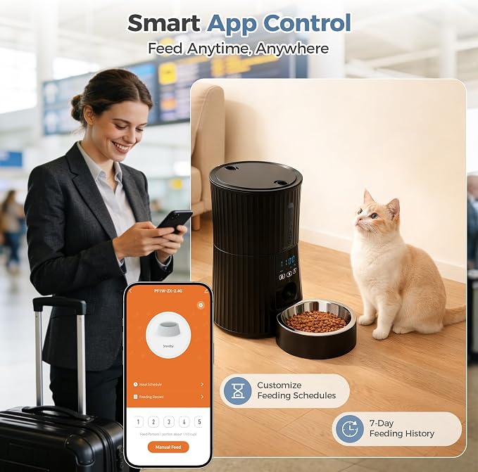 Sweetcrispy Automatic Cat Feeder, 4L Cat Food Dispenser with APP, Black | 2.4G WiFi, Applicable for Dry Food, 16.9 Cups, 10 Meals/Day, 50 Portions/Meal, 10s Voice Recorder, Dual Power Supply