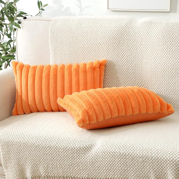 Soleebee Set of 2 Throw Pillow Covers Soft Cozy Velvet Pillowcase Faux Rabbit Fur Cover for Couch Sofa Bed Chair Home Decorative Pillows Cover (12x20 Inch, Orange)