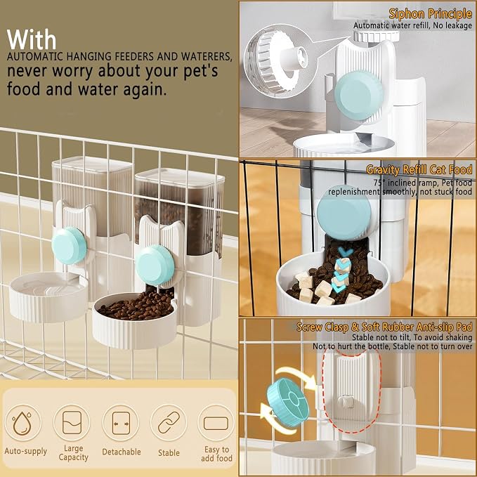 kathson Rabbit Feeder for Cage,Bunny Water Bottle,Pet Food Dispenser,Blue | Gravity Automatic Guinea Pig Feeder Waterer Set,Hanging Small Pet Food Bowl Feeding Station for Ferret Chinchilla Cat Puppy