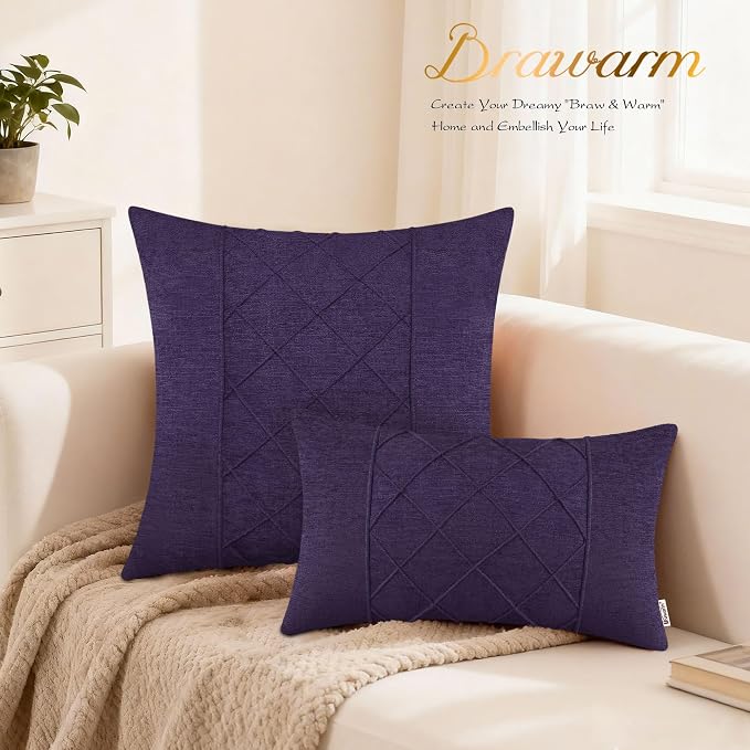BRAWARM Chenille Throw Pillow Covers 12x20 Inches, Purple, 2 Pack | Decorative Lumbar Pleated Pillow Covers, Soft Cushion Cases for Sofa Bed Living Room Home Farmhouse (No Insert)