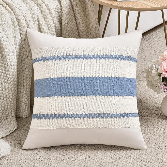 Fancy Homi Set of 1 Boho Light Blue Decorative Throw Pillow Cover 18x18 Inch for Couch Bed Sofa, Aesthetic Modern Organic Farmhouse Home Decor, Soft Cotton Cute Accent Macrame Woven Cushion Case