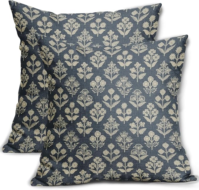 Dusty Blue Floral Pillow Covers 24x24 Inch Set of 2, Vintage Flower Block Pattern Decorative Throw Pillowcases Outdoor Farmhouse Cushion Covers Spring Summer Rustic Decoration Sofa Couch Bed Decor
