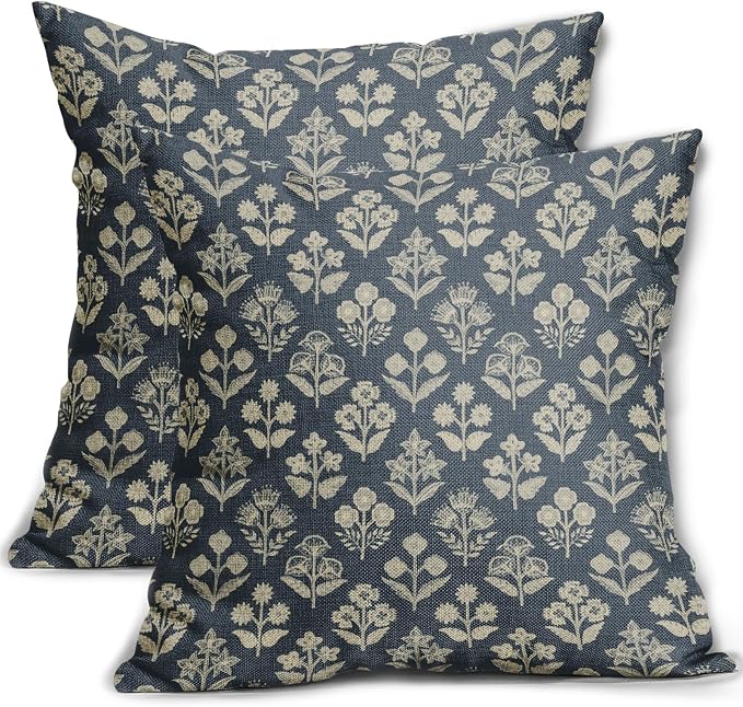 Dusty Blue Floral Block Print Pillow Covers 18x18 Inch Set of 2, Vintage Flower Pattern Decorative Throw Pillowcases Outdoor Farmhouse Cushion Covers Spring Summer Rustic Sofa Couch Bed Decor