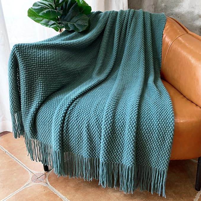 LOMAO Knitted Throw Blanket with Tassels Bubble Textured Lightweight Throws for Couch Cover Home Decor (Teal, 60x90)