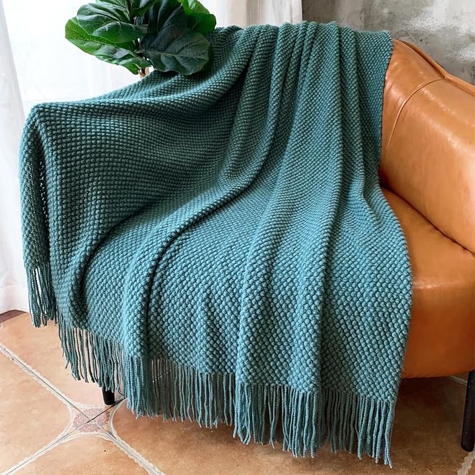 LOMAO Knitted Throw Blanket with Tassels Bubble Textured Lightweight Throws for Couch Cover Home Decor (Teal, 60x80)