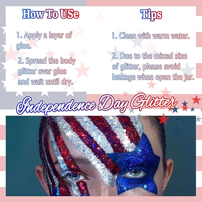 Laza Independence Day Body Glitter, 2 Jars Olympic Red Blue White Chunky Sequins with Glue Women Eyeshadow 4th of July Face Paint Festival Rave Outfit Hair Accessories Party Costumes – Circus Carnival