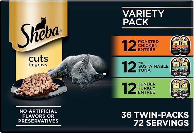 Sheba Perfect Portions Cuts Wet Cat Food, Variety Pack, 2.6 oz, 36 ct | Grain-free, Chicken, Tuna & Turkey, 72 servings, no by-products/fillers/artificial flavors, snap-peel-serve twin-pack trays