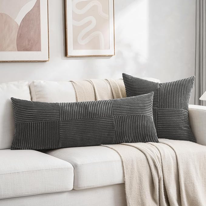 Fancy Homi Set of 1 Dark Gray Boho Long Lumbar Body Decorative Throw Pillow Cover 14x36 Inch for Bed Couch Bedroom Bench, Soft Patchwork Corduroy Textured Pillow Case, Rustic Farmhouse Room Decor