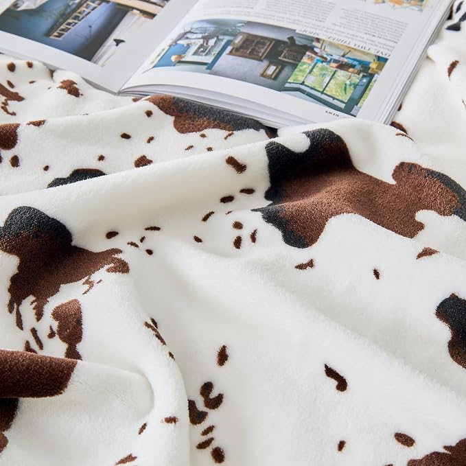 Bnuitland Cow Printed Fleece Flannel Throw Blanket, 300 GSM Double Sided Fuzzy Fluffy Blanket for Bed Sofa Couch Travel, Super Soft Lightweight for Adults and Kids, 90×90 inch