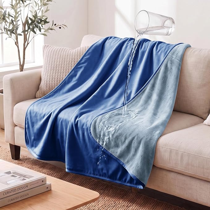 Waterproof Blanket - Reversible Dog Throw as Furniture Protector | Soft Velvet & Flannel, TPU Leak-Proof Liner, Machine Washable, Fits Couch and Bed, 52" x 82", Navyblue/Stoneblue