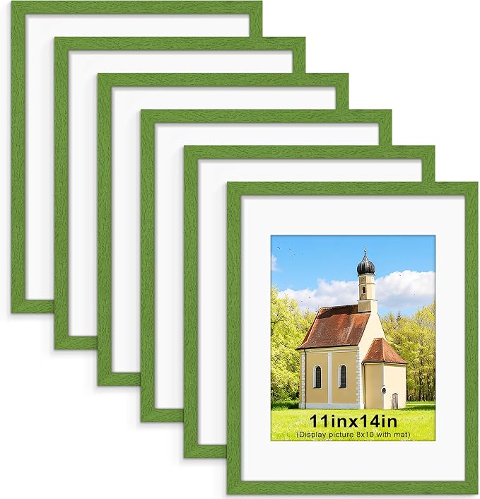 11x14 Picture Frame Set of 6, Wall or Tabletop Display, Green | Display Pictures 8x10 with Mat or 11x14 Without Mat, Horizontal or Vertical, Gallery Wall Frame Set, Wedding Birthday Gifts