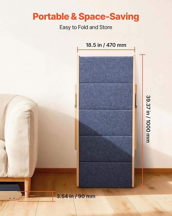 VEVOR Wood Pet Stairs, 5-Step Dog Stairs for Beds, Sofa & Cars, Floded Flat | For Small Medium Large Older Pet Puppy Essentials, 150lbs Load Capacity, Stable & Sturdy Cat & Dog Step Ladder, Non-Slip