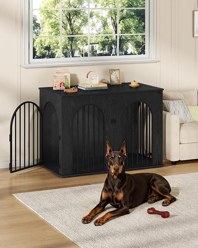 Hzuaneri 46.5'' Dog Crate Furniture,Dog Kennel Indoor for Medium/Large Dogs | Dog Kennel Furniture Wooden Dog Cage Heavy Duty Dog Crate Decorative Pet House End Side Table TV Stand,Black DFC93904B