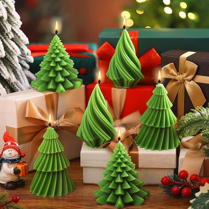 Conelist 6 Pcs Christmas Tree Candles Christmas Tree Shaped Taper Candles Decorative Xmas Wax Scented Candlesticks for Xmas Eve Winter Holiday Home Table Decoration Gift(Green,Mixed Style)