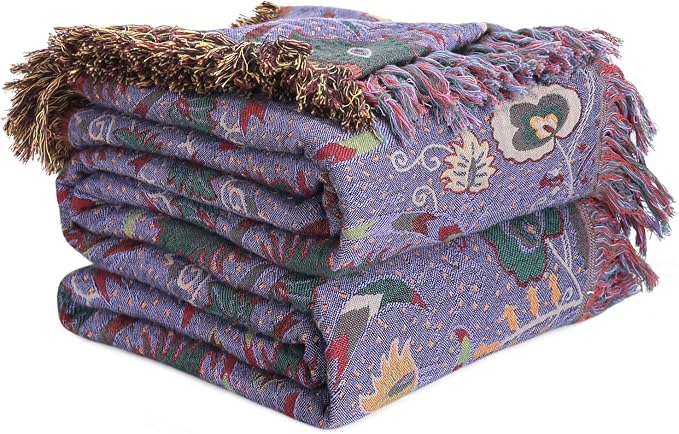 LUTBM Boho Throw Blanket for Bed 60"x80", 100% Cotton Purple Couch Blankets | Reversible Floral Embroidery, All-Season Soft Quilt, For Chair Sofa Living Room, Lightweight Breathable Gauze, Home Decor