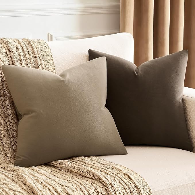 Throw Pillow Covers Set of 2 22x22 Inch Velvet Pillow Covers, Soft Brown Decorative Covers for Couch Sofa Bed Living Room, Neutral Farmhouse Covers, Home Boho Decor