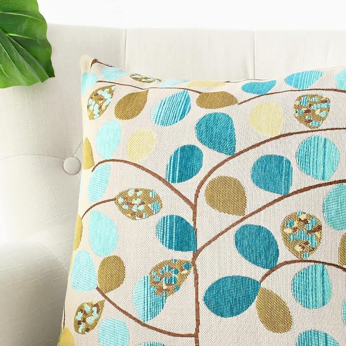 CaliTime Decorative Throw Pillow Covers 20 X 20 Inches Ecru Teal | Luxury Chenille Cute Leaves Cushion Case Shell for Couch Sofa Bed Living Room Home