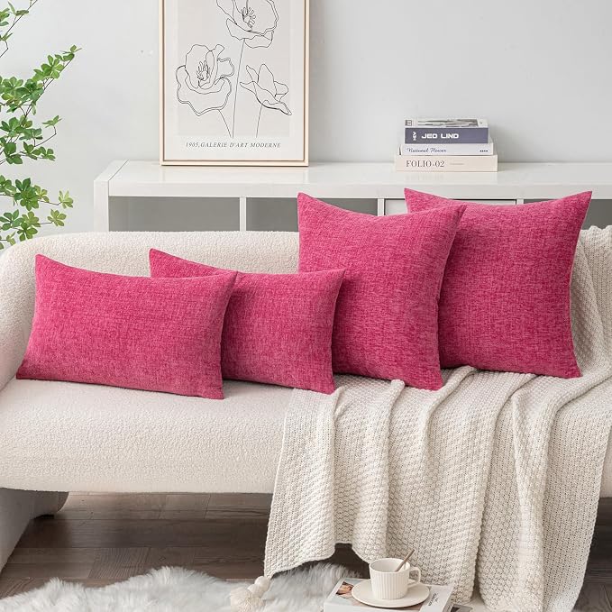 MIULEE Soft Chenille Throw Pillow Covers Hot Pink 18x18 Inch Pack of 2 | Modern Home Decor, Classic Decorative Pillows, Solid Dyed Cases, Boho Couch Cushion Covers for Sofa Bed Living Room