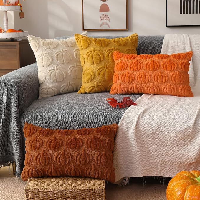 DFXSZ Fall Pillow Covers 18x18 2Pcs Yellow Pumpkin Fall Decoration for Home | Fall decor Set of 2 Throw Pillow Cases Soft Plush Faux Fur Wool Couch Cushion for Chair Sofa Bedroom Living Room Home Decor