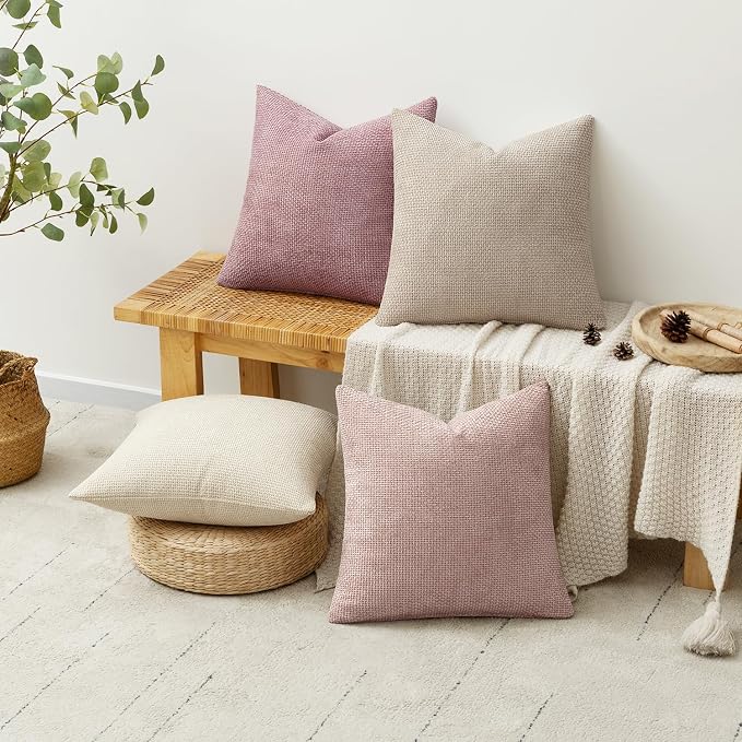 MIULEE Soft Decorative Chenille Pillow Covers Light Pink 18x18 Pack of 4 | Shabby Chic Decor, Romantic Blush Neutral Set, Couch Throw Pillows, Farmhouse Boho Cushion Covers for Sofa Bed Living Room