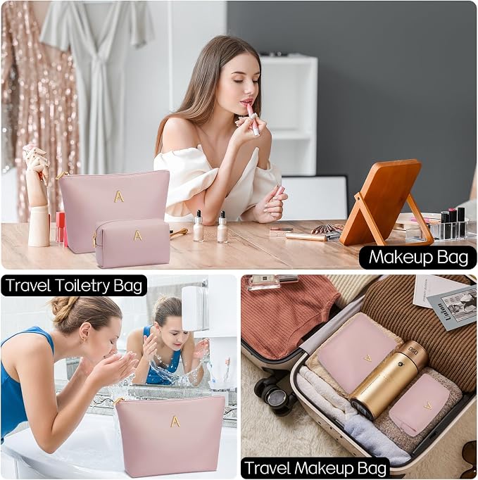 Women Gifts | Initial Makeup Bag for Girl Personalized Gifts for Bridesmaid Friend PU Leather Cosmetic Travel Toiletry Bag(Pink,A)