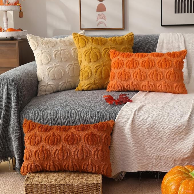 DFXSZ Fall Pillow Covers 12x20 2Pcs Rust Pumpkin Fall Decorations for Home | Fall decor Set of 2 Throw Pillow Cases Soft Plush Faux Fur Wool Couch Cushion for Chair Sofa Bedroom Living Room Home Decor