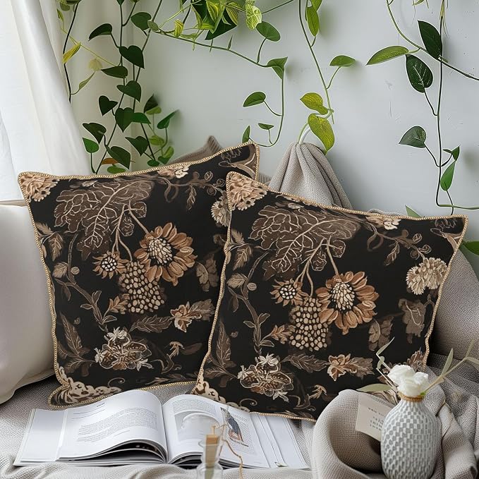 Vintage Black Floral Leaves Velvet Pillow Covers 16x16 Inch Brown Beige Tan Boho Flowers Throw Pillows For Couch Cushion Covers Pillowcase Farmhouse Bohemian Pillow Cases for Sofa Bed Bedroom