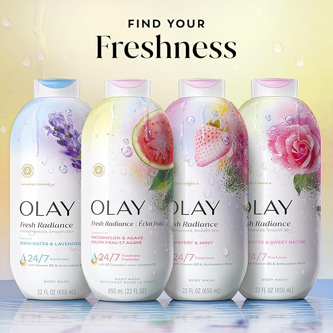 Olay Body Wash for Women, Fresh Radiance, 24/7 Skin-Loving Freshness, Visibly Radiant, Plant Based Cleansers, Vitamin B3 & Antioxidant Blend, For All Skin Types, Watermelon & Agave Scent, 22 fl oz