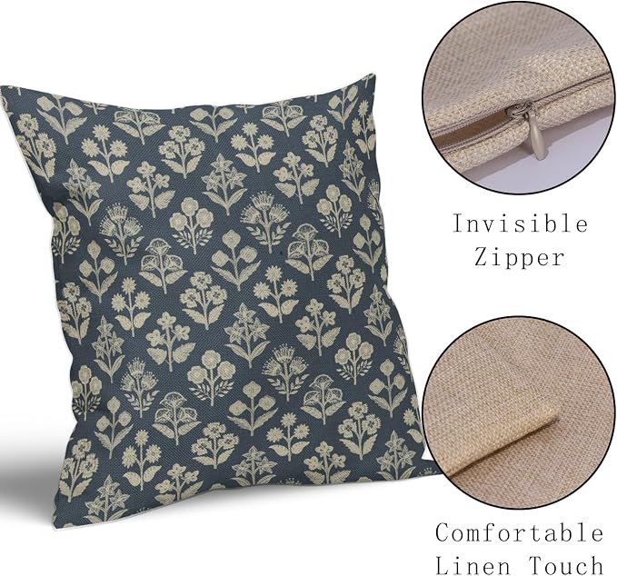 Dusty Blue Floral Block Print Pillow Covers 20x20 Inch Set of 2, Vintage Flower Pattern Decorative Throw Pillowcases Outdoor Farmhouse Cushion Covers Spring Summer Rustic Sofa Couch Bed Decor
