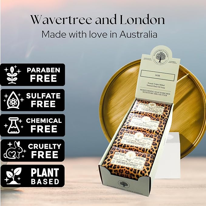 Wavertree & London Noir Scented Natural Soap (8 Bars), 7oz Moisturizing French Triple Milled Soap Bars enriched with shea butter - Pure Plant Oil Bath & Body Bars for All Skin Types