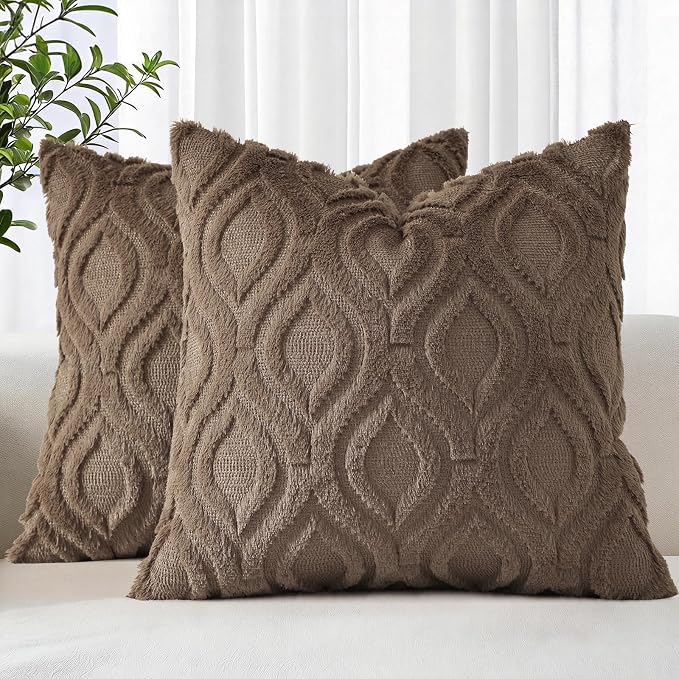 decorUhome Faux Fur Plush Soft Brown Throw Pillow Covers 22x22 Set of 2 | Wool Solid Fall Couch Pillow Covers, Accent Modern Farmhouse Neutral Decorative Square Pillow Cases for Sofa Bed Living Room