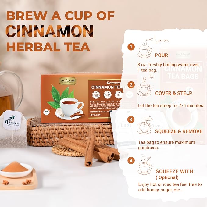 LeafLea Pure Cinnamon Tea Bags, Naturally Sweet, Caffeine-Free, 40 Count | Single-Ingredient Ground Cinnamon, No Added Sugar, Individually Foil-Wrapped For Fresh Aroma, Vegan, Non-GMO
